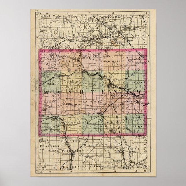 Affiche Carte du comté de Washtenaw, Michigan (Devant)