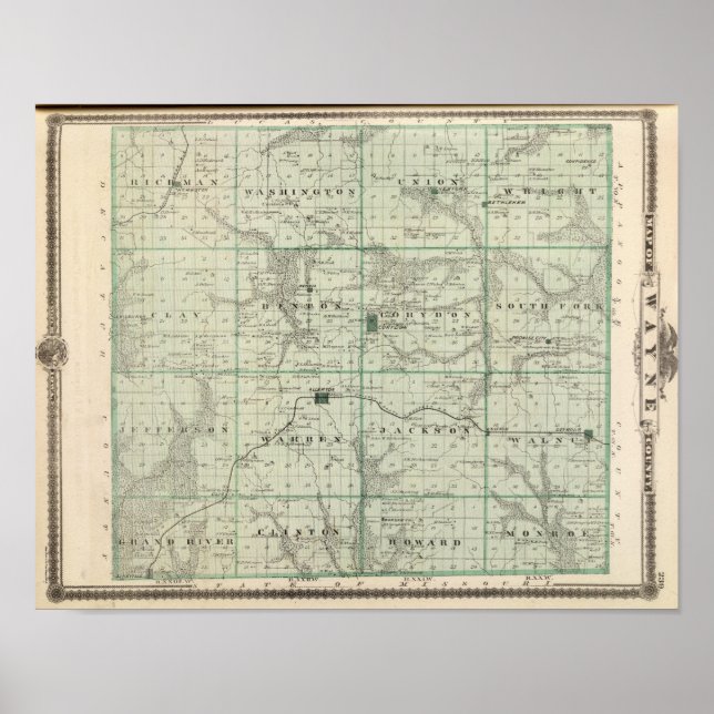 Affiche Carte du comté de Wayne, État de l'Iowa (Devant)