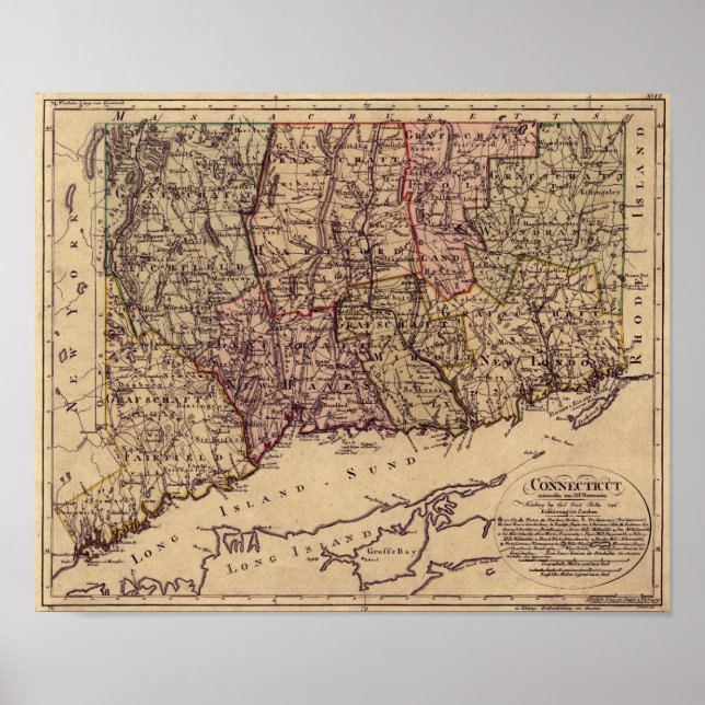 Affiche Carte du Connecticut vintage 1796 (Devant)