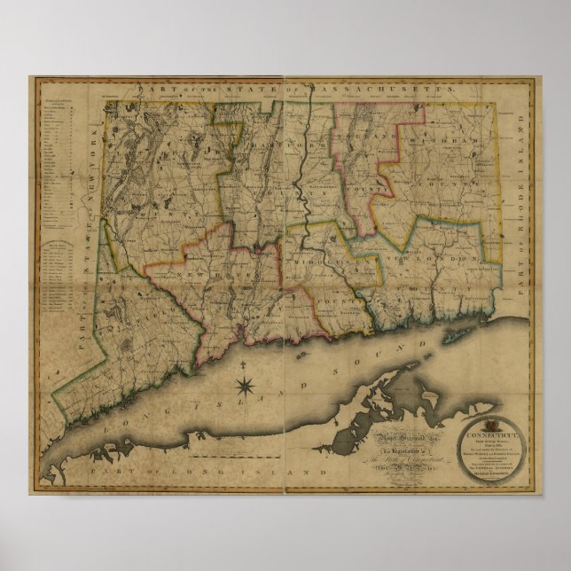 Affiche Carte du Connecticut vintage 1813 (Devant)