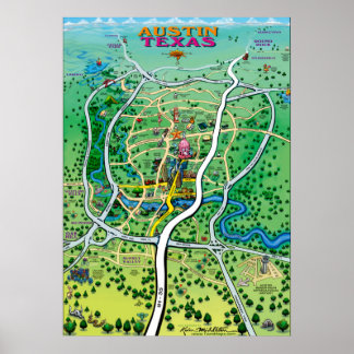 Affiche Carte du dessin animé Austin Texas