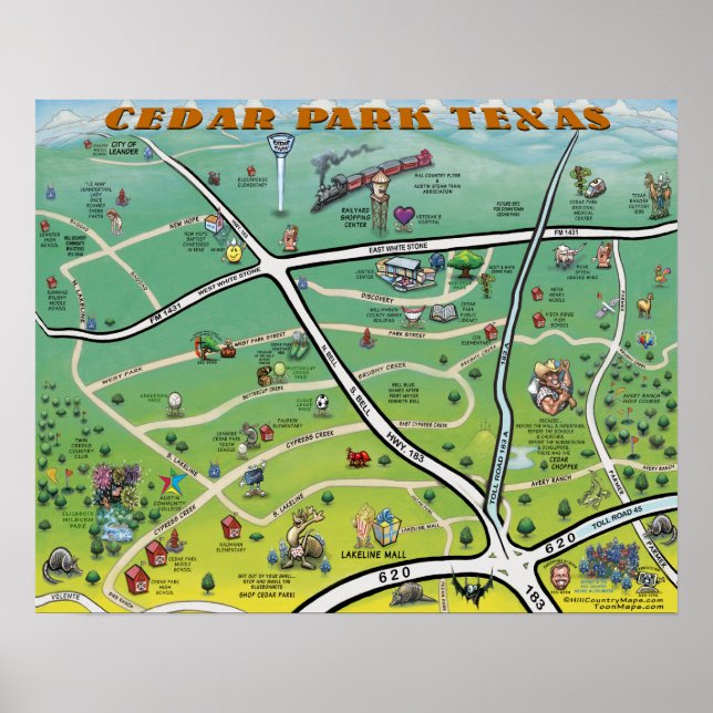 Affiche Carte du dessin animé Cedar Park Texas (Devant)