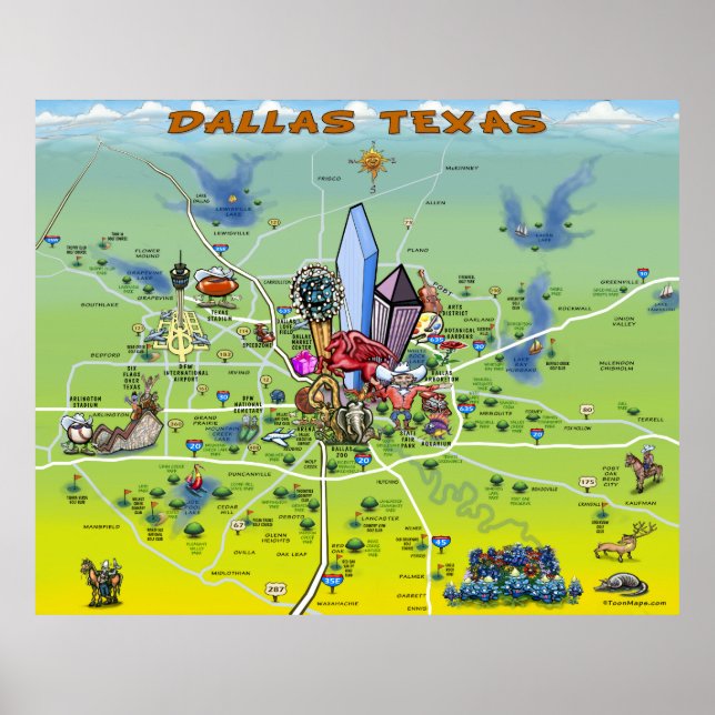 Affiche Carte du dessin animé de Dallas Texas (Devant)