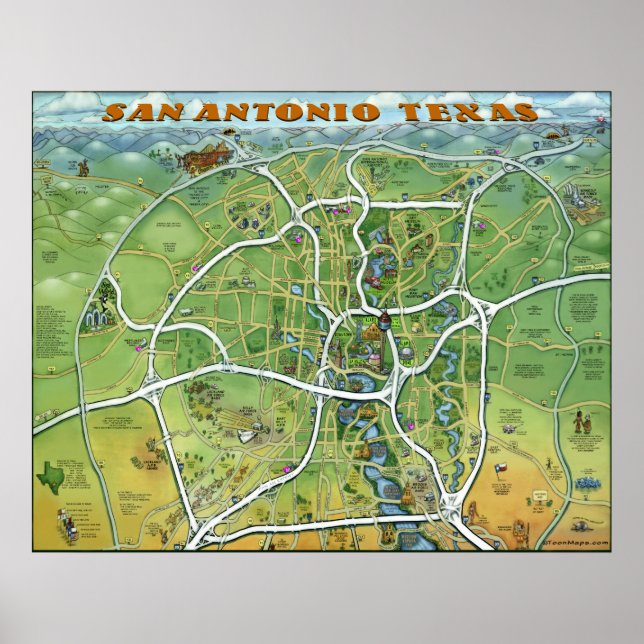 Affiche Carte du dessin animé de San Antonio Texas (Devant)