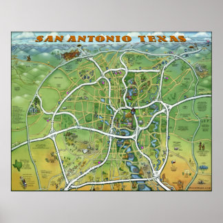 Affiche Carte du dessin animé de San Antonio Texas