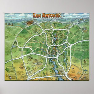Affiche Carte du dessin animé de San Antonio Texas