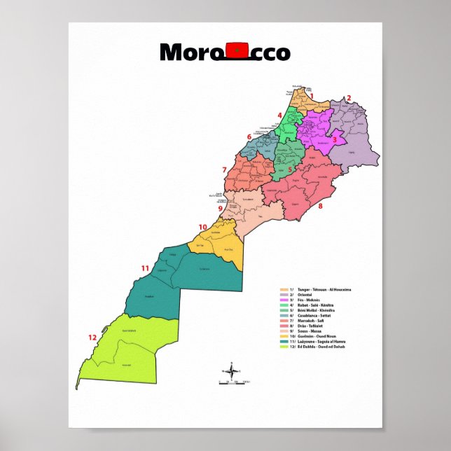 Affiche Carte du drapeau marocain avec contours aux fronti (Devant)