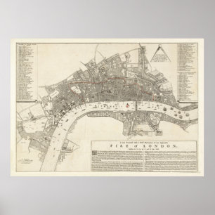 Affiche Carte du grand feu vintage de Londres (1666)