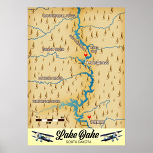 Affiche Carte du lac Oahe Dakota du Sud