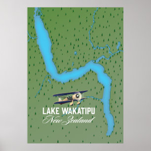 Affiche Carte du lac Wakatipu Nouvelle-Zélande