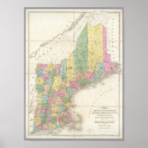 Affiche Carte du Maine, New Hampshire, Vermont