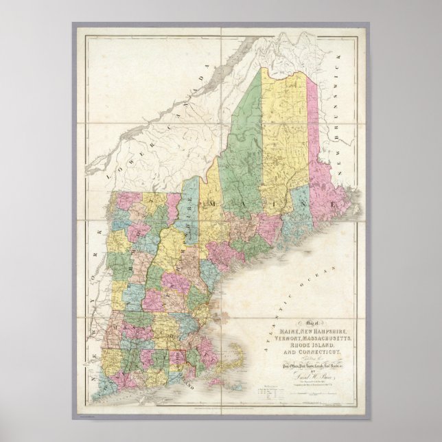 Affiche Carte du Maine, New Hampshire, Vermont (Devant)