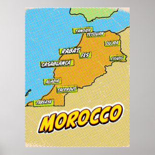 Affiche Carte du Maroc illustrée dans le style Pop Art