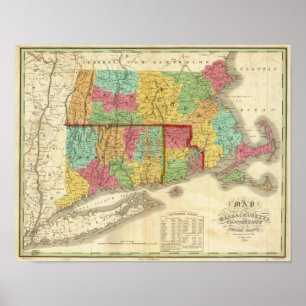 Affiche Carte du Massachusetts Connecticut Et Rhode Island