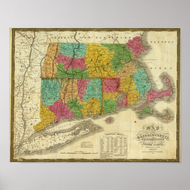 Affiche Carte du Massachusetts et du Connecticut (Devant)