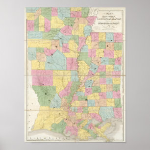 Affiche Carte du Mississippi, Louisiane & Arkansas