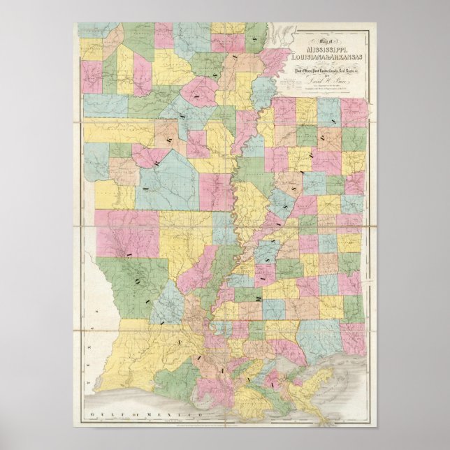 Affiche Carte du Mississippi, Louisiane & Arkansas (Devant)