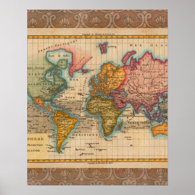 Affiche Carte du Monde 1780 Bonne Antique Planisphère  (Devant)