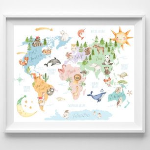 Affiche Carte du monde animal Enfants Imprimer, Animaux du