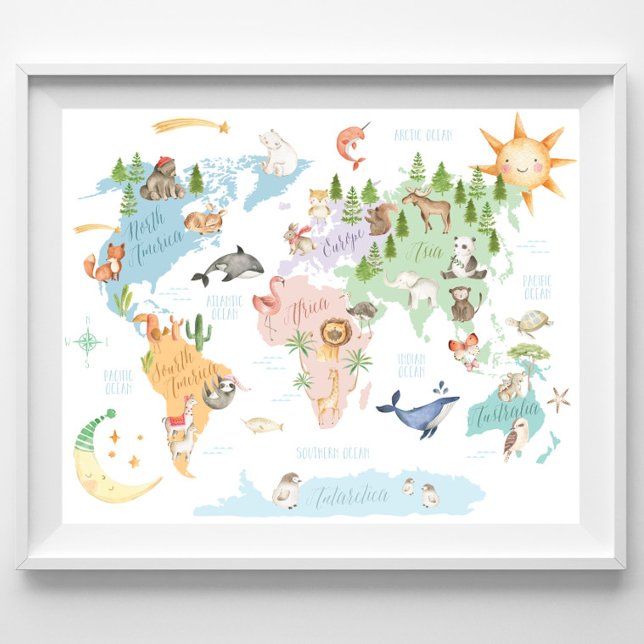 Affiche Carte du monde animal Enfants Imprimer, Animaux du (Créateur téléchargé)