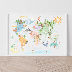 Affiche Carte du monde animalière pour enfants, Animaux du