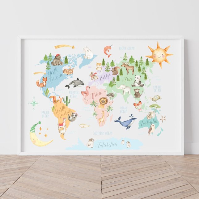Affiche Carte du monde animalière pour enfants, Animaux du (Créateur téléchargé)