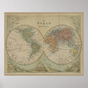Affiche Carte du monde antique des Hémisphères Style Vinta