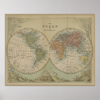Affiche Carte du monde antique des Hémisphères Style Vinta