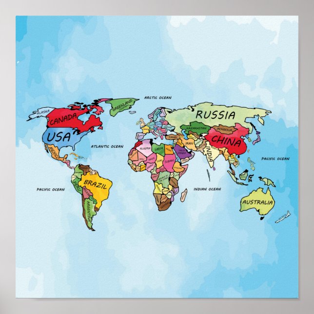 Affiche Carte du monde aquarelle illustration (Devant)