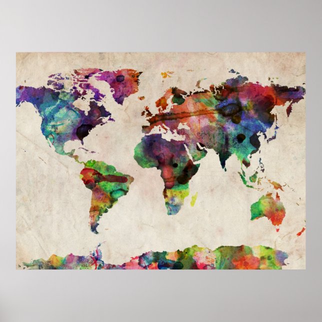 Affiche Carte du monde Aquarelle urbaine (Devant)