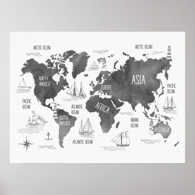 Affiche Carte du monde Art Noir Blanc Nautique Enfants Nur (Devant)