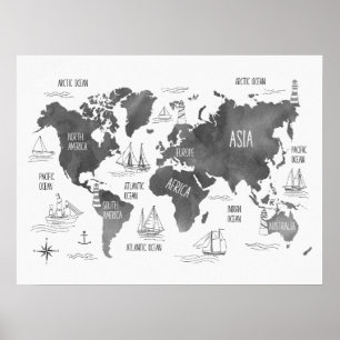Affiche Carte du monde artistique noir blanc nautique pour