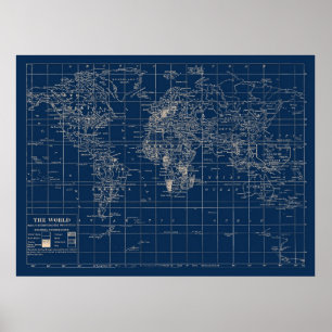Affiche Carte du monde bleu marine