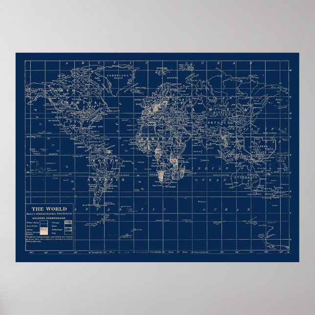 Affiche Carte du monde bleu marine (Devant)