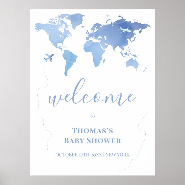 Affiche Carte du monde bleu moderne Accueil Baby shower de (Devant)