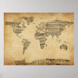 Affiche Carte du Monde Carte de Vieux Partitions Musique