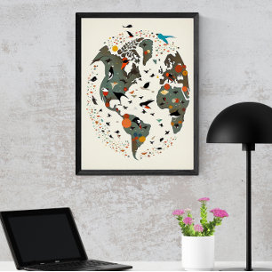 Affiche Carte Du Monde, Charley Harper Inspiré