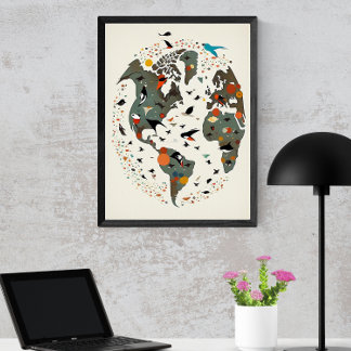 Affiche Carte Du Monde, Charley Harper Inspiré