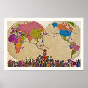 Affiche Carte du monde colorée vintage