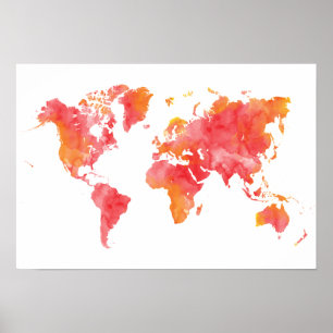 Affiche Carte du monde de l'aquarelle couleur chaude