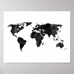 Affiche Carte du monde de l'aquarelle noire et blanche