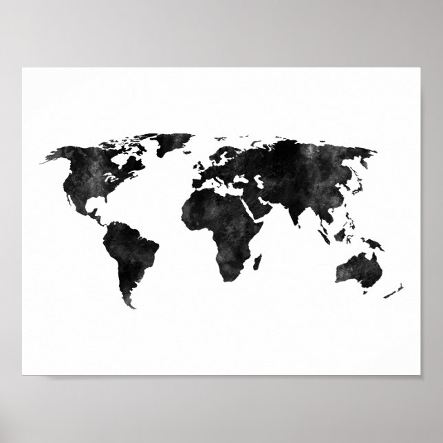 Affiche Carte du monde de l'aquarelle noire et blanche (Devant)