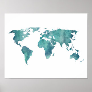 Affiche Carte du monde de l'aquarelle turquoise