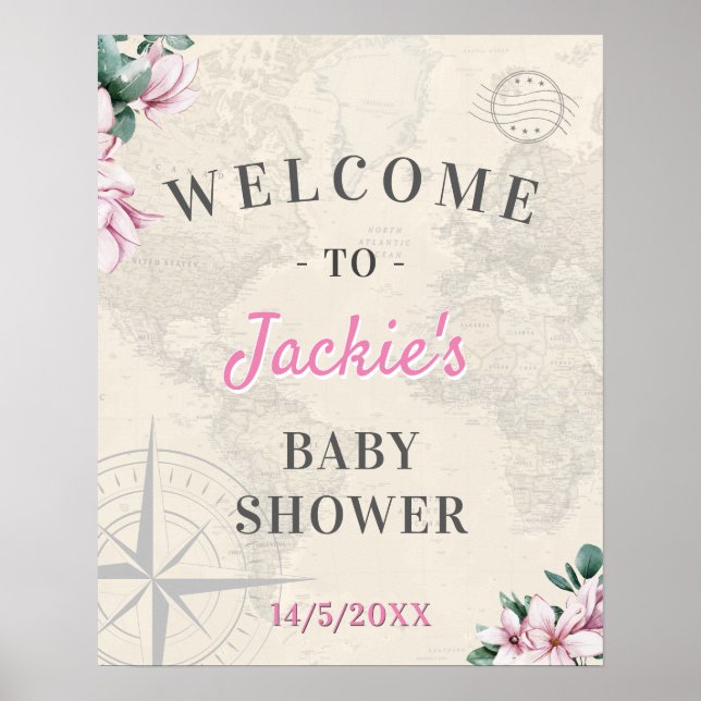 Affiche Carte du monde de voyage Baby shower rose Floral B (Devant)