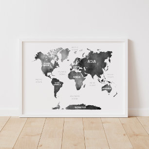 Affiche Carte du monde des continents et des océans à l'aq