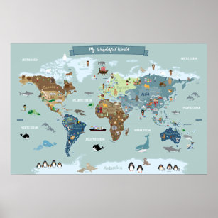 Affiche Carte du monde des enfants avec de mignonnes illus