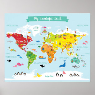 Affiche Carte du monde des enfants brillants avec illustra