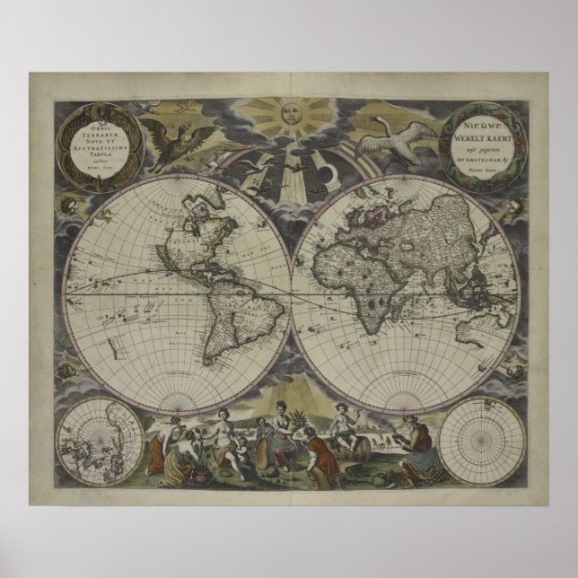Affiche Carte du monde double hémisphère | 1672 (Devant)