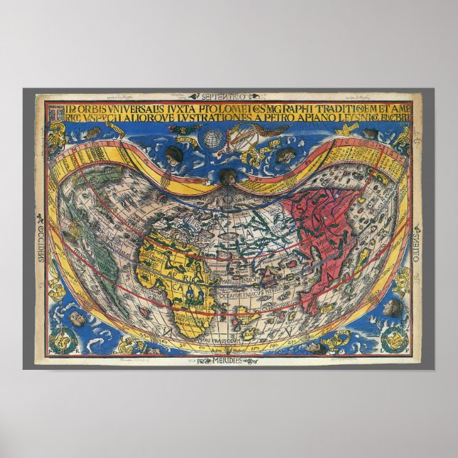 Affiche Carte du monde en forme de coeur antique par Peter (Devant)