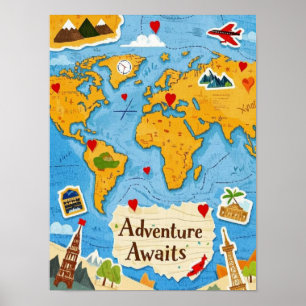 Affiche Carte du Monde Épingle à Cœur L'Aventure Attend